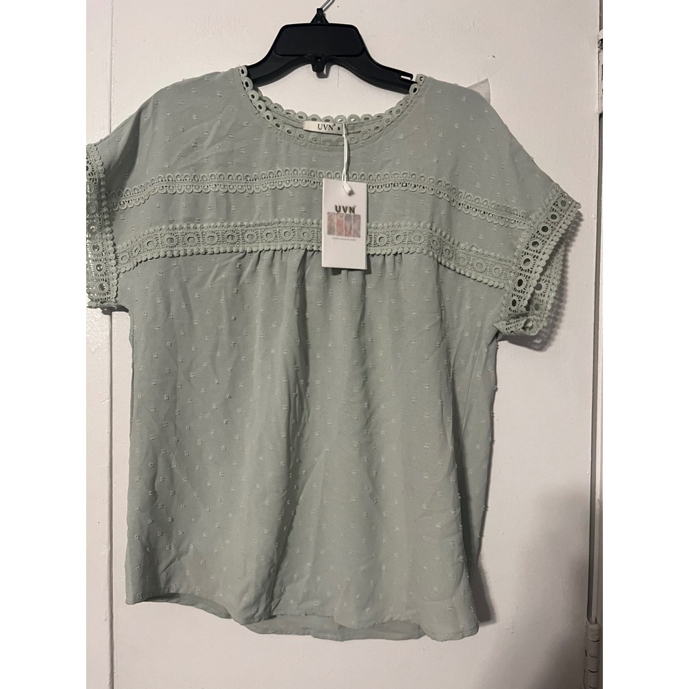 UVN Sage Green Swiss Dot Crochet Eyelet Button Back Blouse Medium